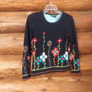 Monte Milano Black with Flower Garden Long Sleeve Boho Pullover Shirt Size Small